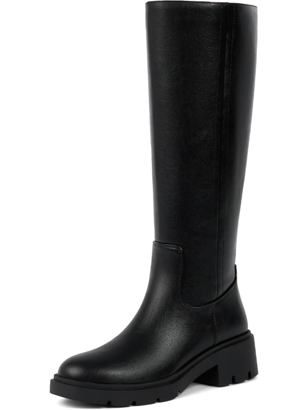 Women's Black Faux Leather Wide Calf Round Toe Low Heel with Side Zipper Boots